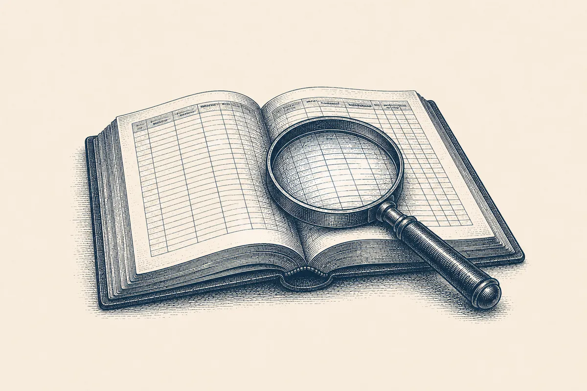 Engraved illustration of an open ledger with a magnifying glass