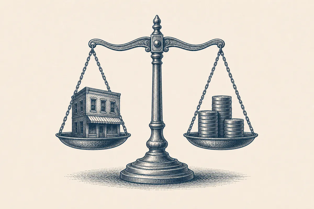 Engraved vignette of a balance scale weighing a building against coins