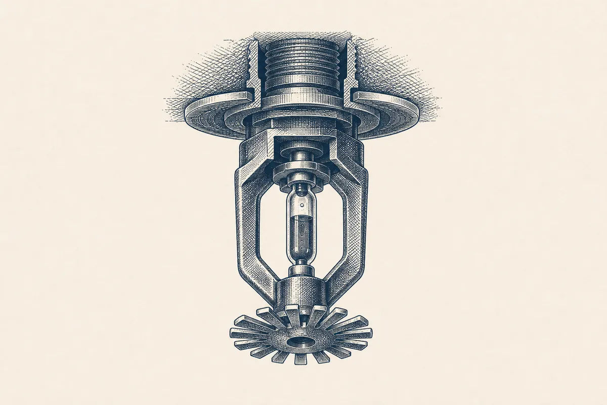 Engraved patent-style illustration of a fire sprinkler head