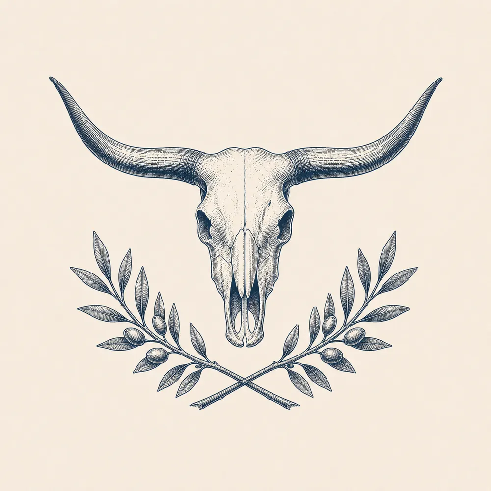 Engraved crest of a longhorn skull above crossed olive branches