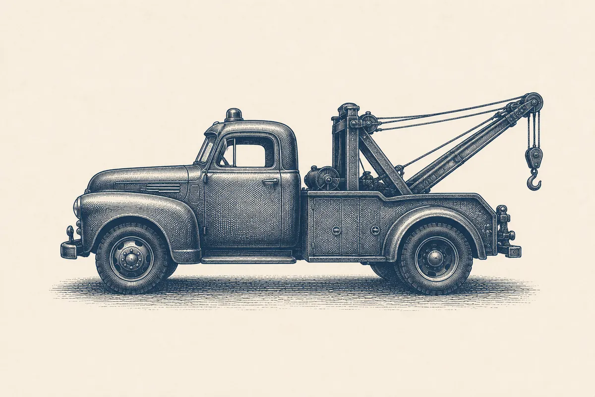 Engraved vignette of a vintage tow truck